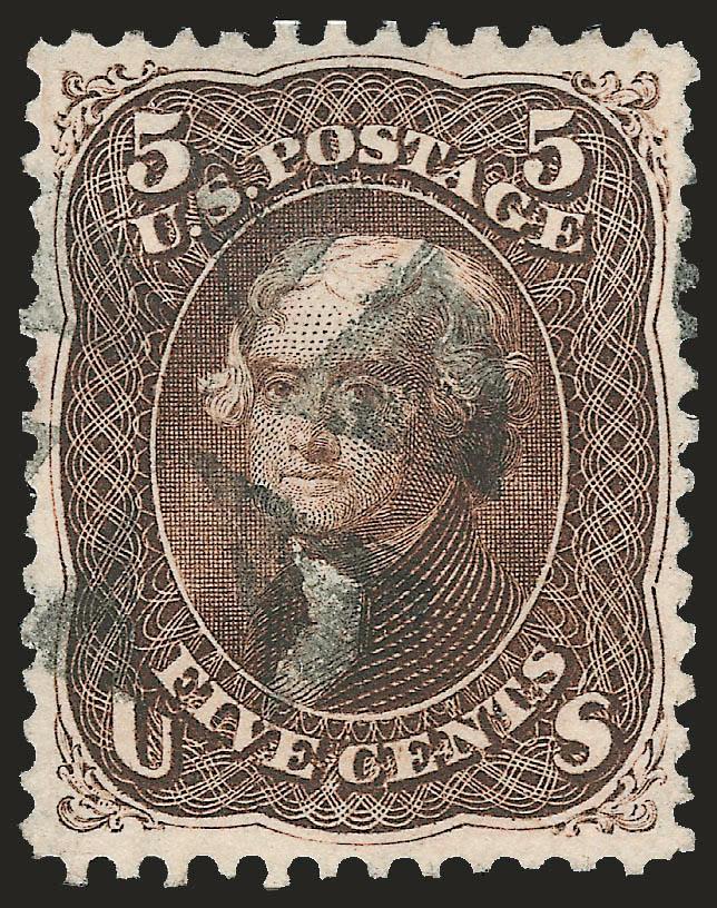 5c Brown (76).> Rich color, detailed impression showing all of the fine detailed engraving of the lathework and design, unobtrusive strike of quartered cork cancel, Extremely Fine Gem, a superb stamp in every
respect, P.S.E. encapsulated (XF-Superb 9