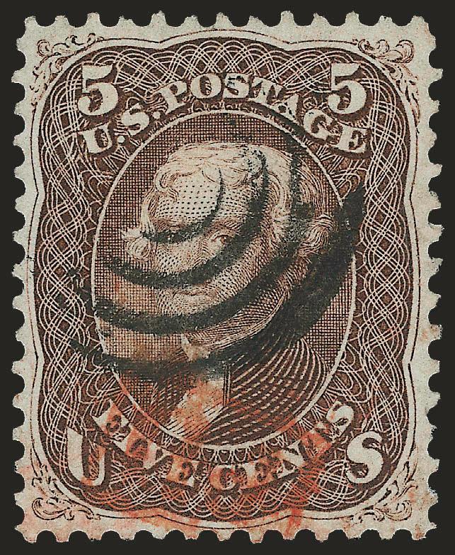 5c Brown (76).> Exceptionally well-centered, lovely color and impression, black target and <red boxed PD> foreign transit, Extremely Fine, with 2010 P.S.E. certificate