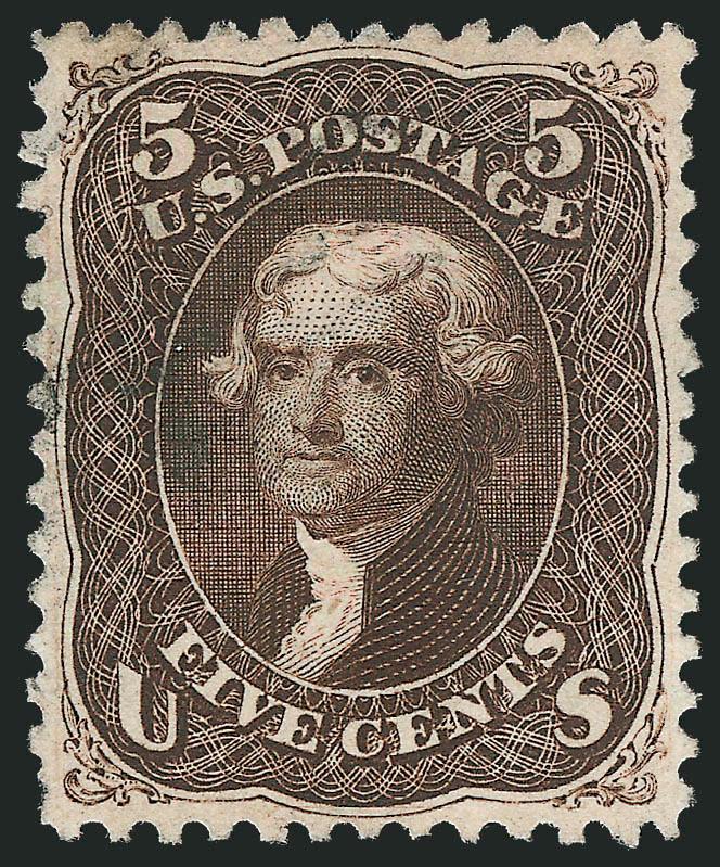 5c Dark Brown (76a).> Intense shade and proof-like impression, gorgeous centering, lightly cancelled leaving design clearly visible, single pulled perf lower left corner, Extremely Fine appearance, with clean
1989 P.F. and 2009 P.S.E. certificates (V
