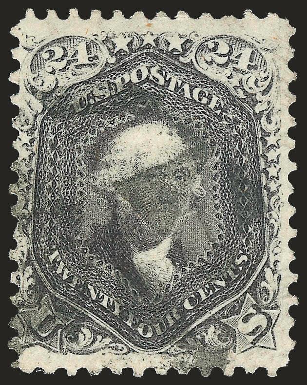 24c Blackish Violet (78c).> Deep rich color in the true Blackish Violet shade, bright paper, cork cancel, tiny perf tip tear at top<><>^VERY FINE APPEARING EXAMPLE OF THE RARE 24-CENT BLACKISH VIOLET. THIS IS
POSSIBLY THE MOST DIFFICULT SHADE OF TH