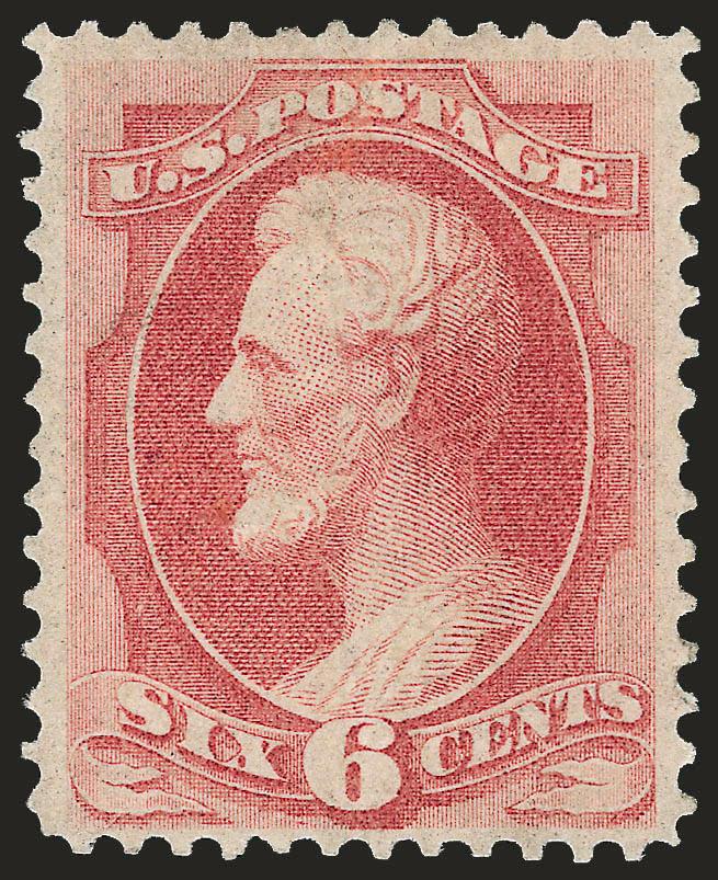 6c Carmine, Grill (137).> H. Grill, original gum, lightly hinged, well-centered, bright color with clear impression<><>^VERY FINE AND CHOICE. AN OUTSTANDING ORIGINAL-GUM EXAMPLE OF THE 6-CENT 1870 NATIONAL BANK
NOTE CO. GRILLED ISSUE.^<><>With 19