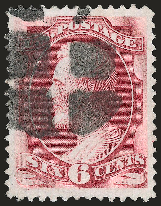 6c Carmine, Grill (137).> H. Grill, gorgeous centering with wide and balanced margins all around, deep rich color, clear grill points, bold cork cancel<><>^EXTREMELY FINE GEM. A SUPERB USED EXAMPLE OF THE 1870
6-CENT NATIONAL BANK NOTE COMPANY GRIL