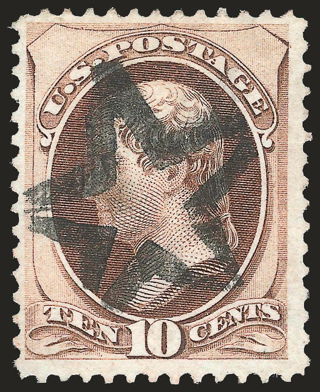 10c Brown, Grill (139).> H. Grill, perfs well clear of design all around, <Outline Star fancy cancel> struck on the nose, small corner crease, some soiling in grill points, otherwise Very Fine, unusual cancel
on this scarce issue, with 1982 and 2007