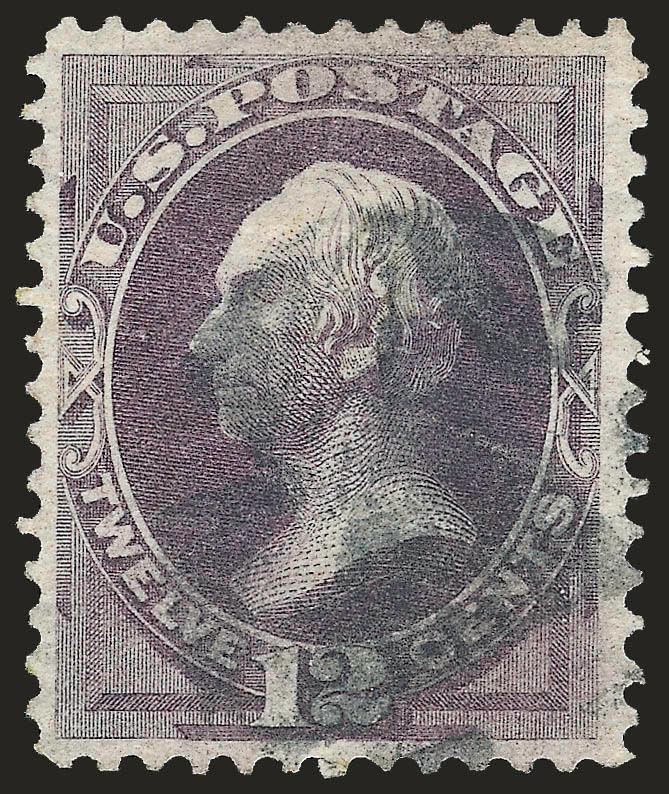 12c Dull Violet, Grill (140).> H. Grill, wide nicely balanced margins, clear grill, cork cancel, light horizontal crease<><>^VERY FINE APPEARANCE. A SCARCE WELL-CENTERED EXAMPLE OF THE 1870 12-CENT NATIONAL
BANK NOTE COMPANY GRILLED ISSUE.^<><>Wi