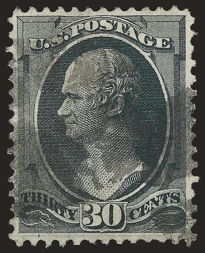 30c Black, Grill (143).> H. Grill, unusually well-centered for this difficult issue, deep shade, cork cancels<><>^VERY FINE. A RARE SOUND AND BEAUTIFULLY CENTERED USED EXAMPLE OF THE 30-CENT 1870 NATIONAL BANK
NOTE GRILLED ISSUE. ONE OF THE MOST EL