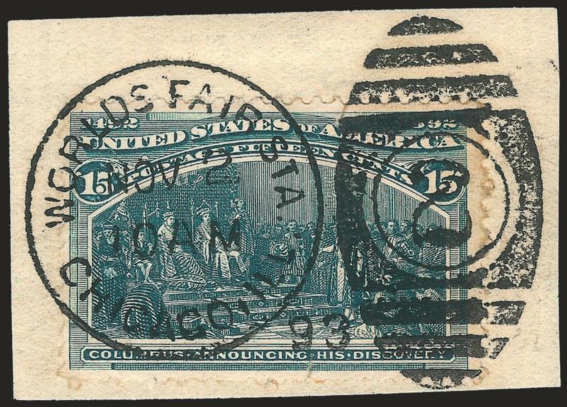 1c-15c Columbian (230-238).> Each tied on separate piece by perfect strike of <Worlds Fair Sta. Chicago Ill. Nov. 2, 1893 exposition> duplex datestamp on small piece, Fine-Very Fine, very rare with the
exposition duplex handstamp, we sold examples