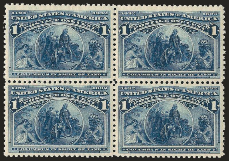 1c Columbian (230).> Mint N.H. block of four, wonderfully fresh with rich color, spectacular margins and centering, Extremely Fine