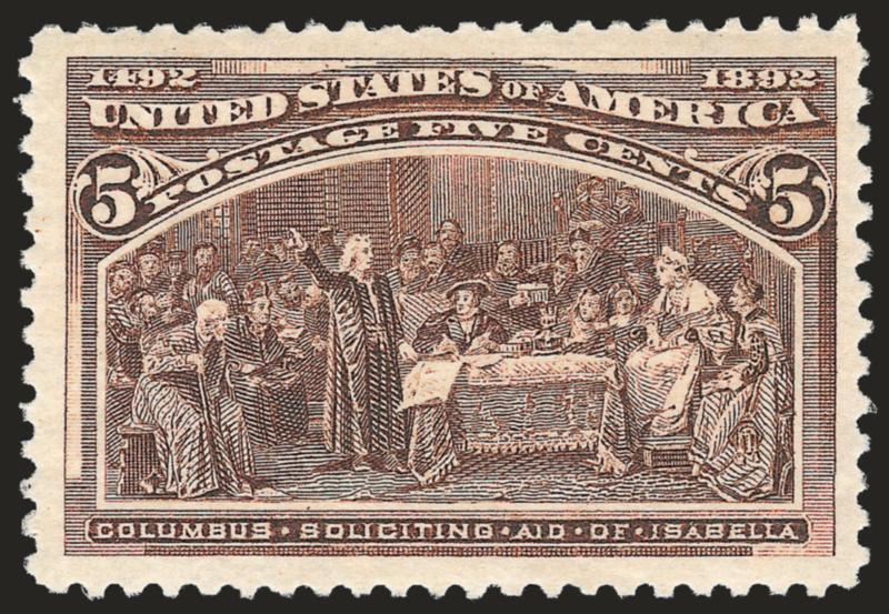 5c Columbian (234).> Mint N.H., Jumbo margins and beautifully centered, rich color and sharp impression, Extremely Fine, with 2010 P.S.E. certificate (XF 90 Jumbo SMQ $375.00 as 90, $1,200.00 as 95)