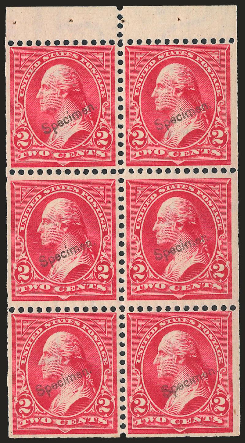 2c Light Red, Booklet Pane of Six, Specimen Ovpt. (279BjS-E).> Mint N.H., fresh and intact, centered much better than typically seen, Very Fine for this scarce booklet pane, with 2010 P.F. certificate, almost
never seen in Mint N.H. condition