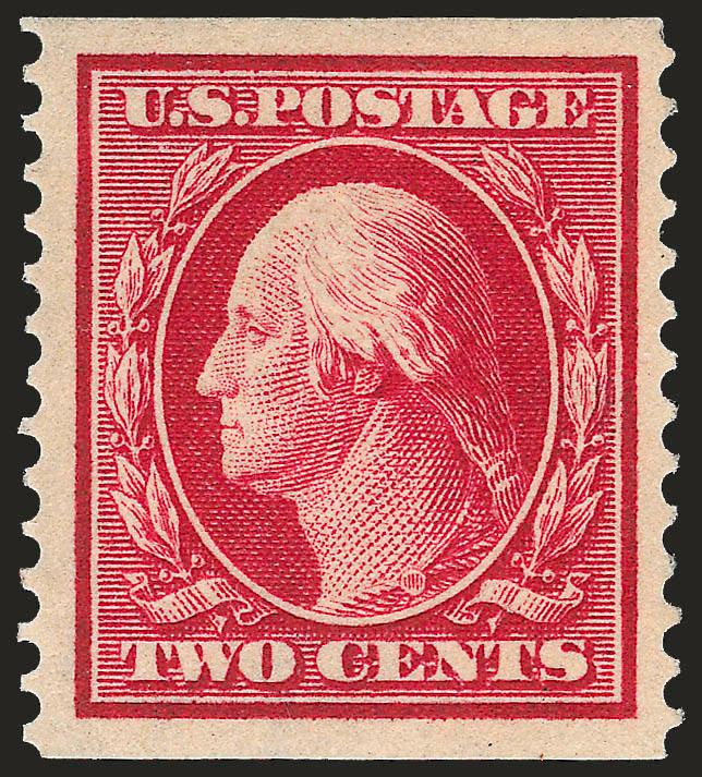 2c Carmine, Coil (388).> Exceptionally wide margins, deep rich color, handsomely centered, barest trace of hinging, appears Mint N.H., Extremely Fine, with 1992 P.F. certificate for pair from which this stamp
was removed and 2010 P.S.E. certificate (