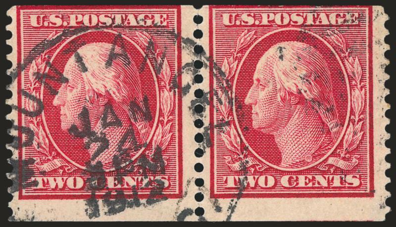 2c Carmine, Coil (388).> Pair with 3mm spacing, deep rich color, bold strike of Mount Angel (Oregon) Jan. 24 3 PM 1912 circular datestamp, centered to top, few minor perf separations at top<><>^VERY GOOD. AN
EXTREMELY RARE USED PAIR OF THE 2-CENT