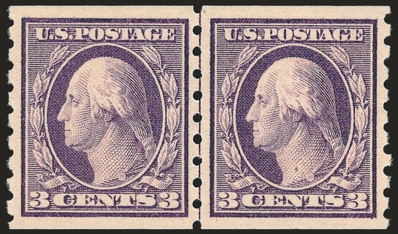 3c Deep Violet, Coil (394).> Mint N.H. guide line pair, deep rich color, choice centering with wide margins, tiny natural inclusion in Washingtons neck in right stamp, Extremely Fine, with 1990 and 2002 P.F.
certificates