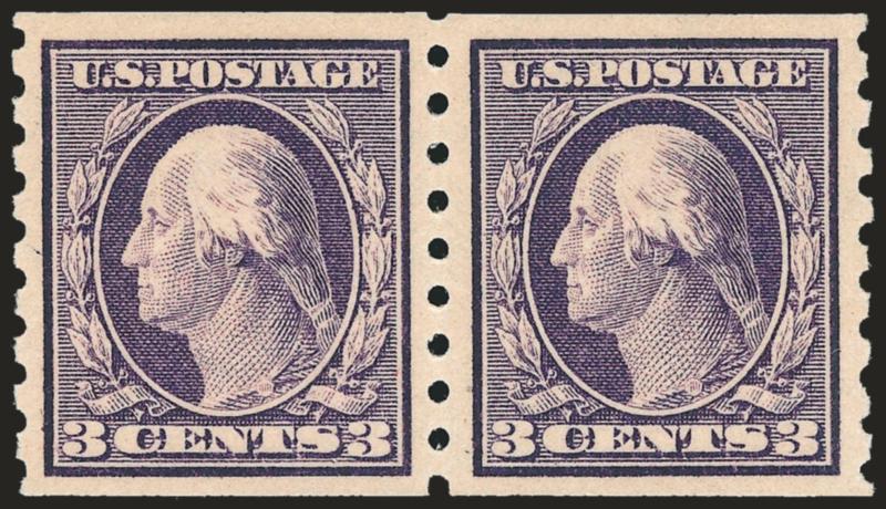 3c Deep Violet, Coil (394).> Mint N.H. pair, 3mm spacing, beautifully centered, rich color on bright white paper, Extremely Fine, with 2010 P.S.E. certificate (XF 90 SMQ $520.00)