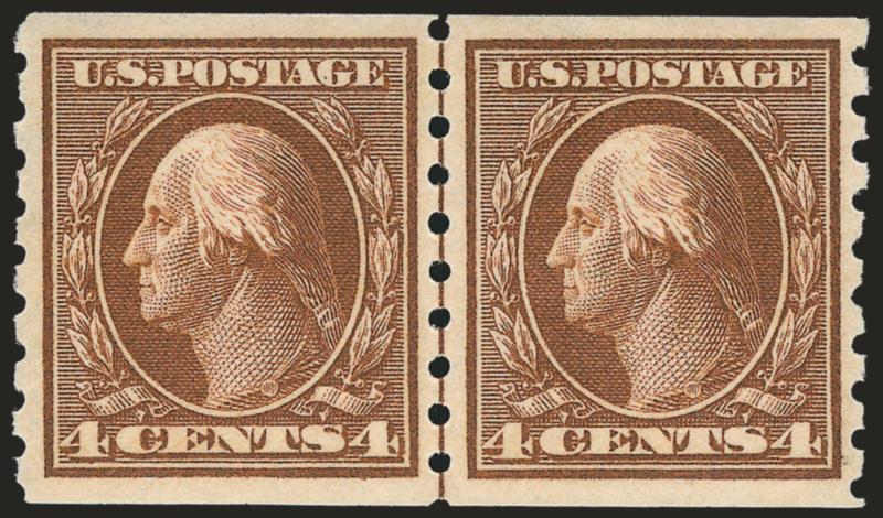 4c Brown, Coil (395).> Guide line pair, balanced margins, Extremely Fine, with 2010 P.S.E. certificate (OGh, XF 90 SMQ $495.00)