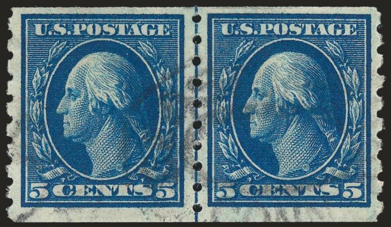 5c Blue, Coil (396).> Guide line pair, intense color on fresh paper, light double oval cancel, crisp and Very Fine, a scarce used guide line pair, we have offered only ten others since 1994