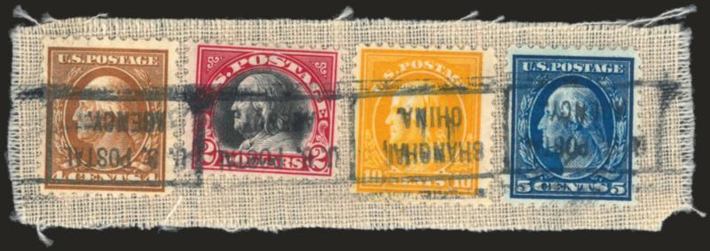 $2.00 Carmine & Black (547).> Used on fabric parcel wrapper piece with Nos. 503-504 and 510, all tied by <continuous U.S. Postal Agency. Shanghai, China boxed roller,> Fine, rare used from China, the fabric
used for the parcel wrapping suggests hea