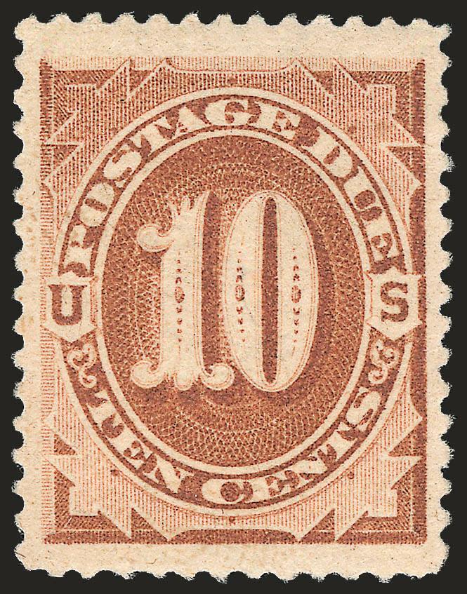 10c Brown (J5).> Original gum, lightly hinged, pretty shade and attractive impression, unusually choice centering with Jumbo margins<><>^EXTREMELY FINE. A BEAUTIFUL ORIGINAL-GUM EXAMPLE OF THE 1879 10-CENT
FIRST POSTAGE DUE ISSUE.^<><>With 2010 P