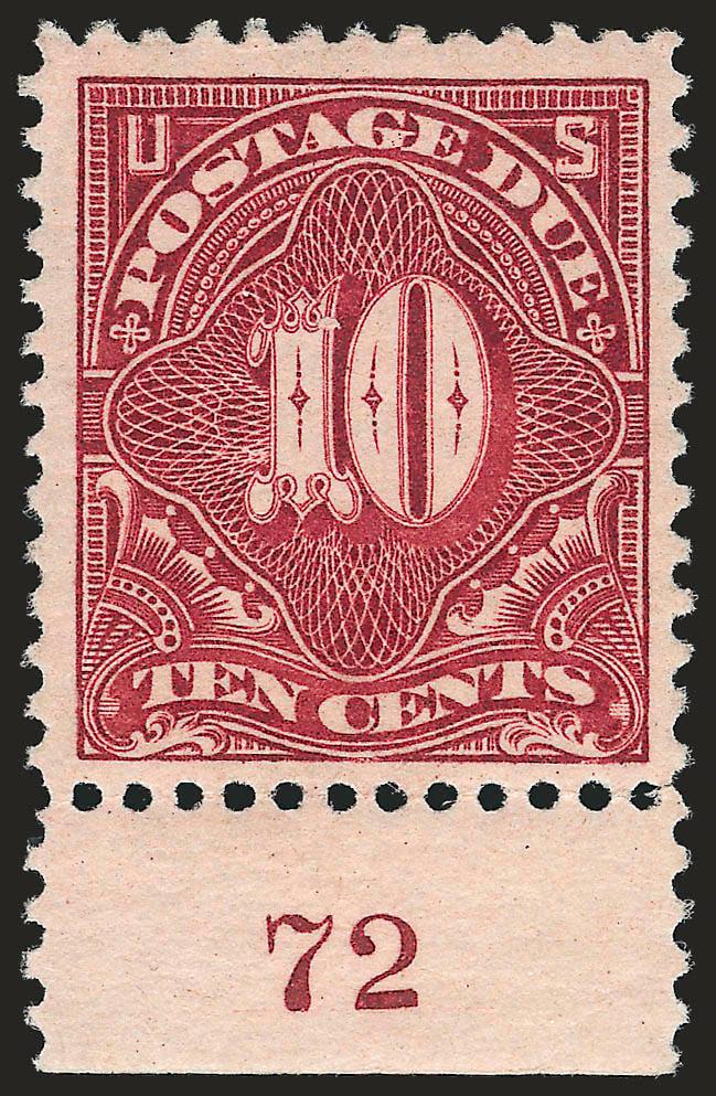 10c Deep Claret (J35).> With bottom plate no. 72 selvage, barely hinged, attractive margins and centering, rich color, Very Fine, with 2010 P.F. certificate