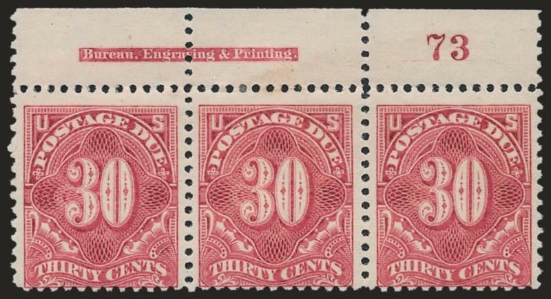 30c Pale Rose (J36b).> Top imprint and plate no. 73 strip of three, original gum, center stamp h.r., bright color, fresh and Very Good-Fine, Scott Retail as singles with no premium for the position