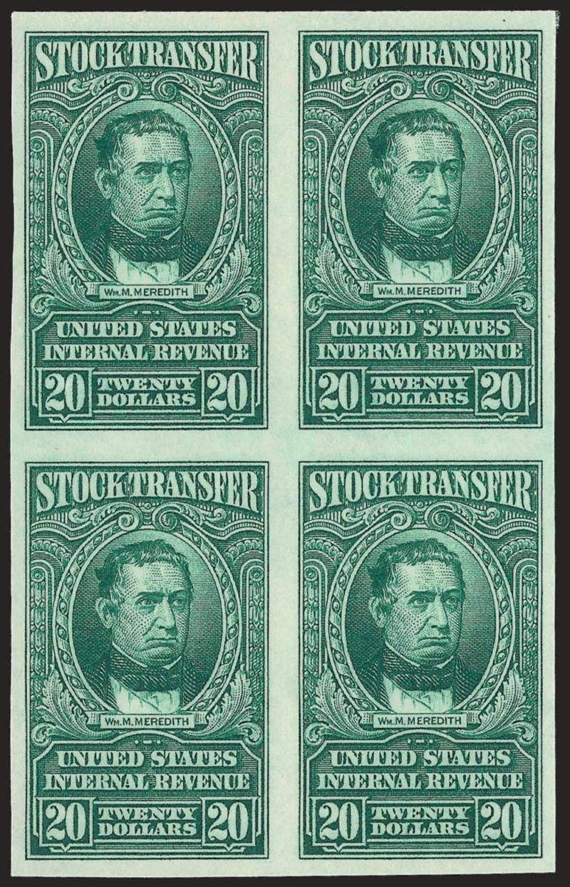 1c-$20.00 Blue Green, Series of 1940, Without Ovpt. and Imperforate (RD67var-RD85 var.).> Blocks of four, without gum as found, top 20c pair cut a little bit close, otherwise Very Fine-Extremely Fine
set