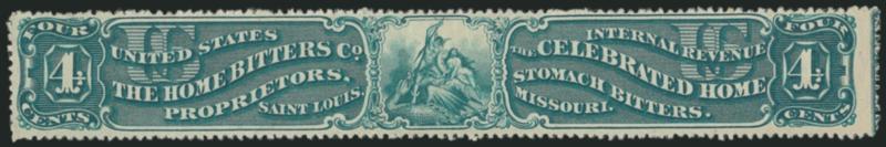 The Home Bitters Co., 4c Green, Watermarked (RS130d).> With part imprint at right, rich color, Very Fine, with 2010 Weiss certificate, only 37 recorded in Aldrich book of which 20 are faulty