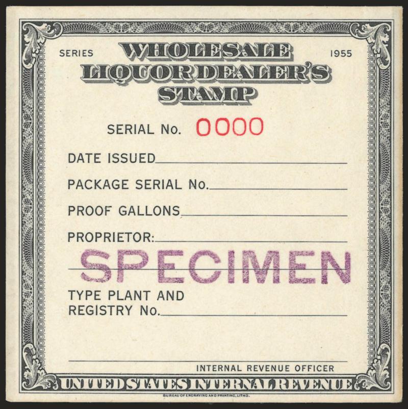 Wholesale Liquor Dealers Stamp, Series 1955, Purple Specimen Ovpt.> 90 x 95mm, black on white with red 0000 serial number, Extremely Fine