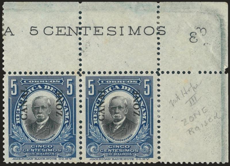CANAL ZONE, 1915, 5c Deep Blue & Black, Mt. Hope Ty. III (48).> Top right corner sheet margin and part inscription block of four (separated into two horizontal pairs), well-centered, slightly disturbed original
gum, couple hinge reinforcements, few g