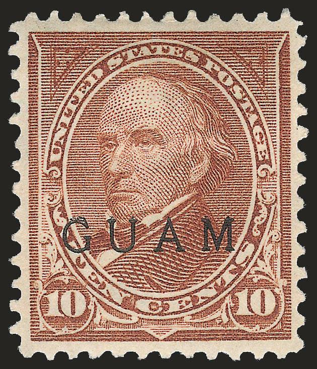 GUAM, 1899, 10c Brown, Ty. II (9).> Original gum, h.r., exceptionally well-centered and with bright color, small central thin spot, Extremely Fine appearance, one of the best looking 10c Ty. II Guam Ovpts.
extant, with 1957 P.F. certificate