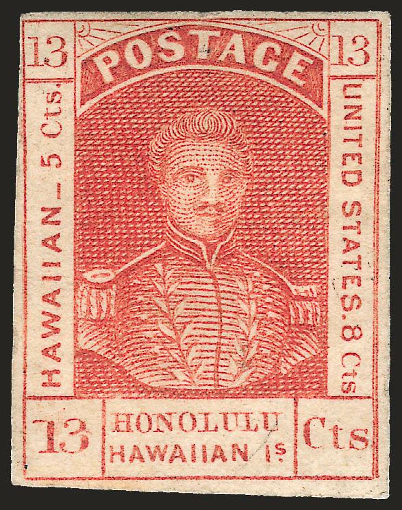 HAWAII, 1853, 13c Dark Red, Thick White Wove (6).> Part original gum, clear to mostly large margins, deep rich color, fresh and Very Fine