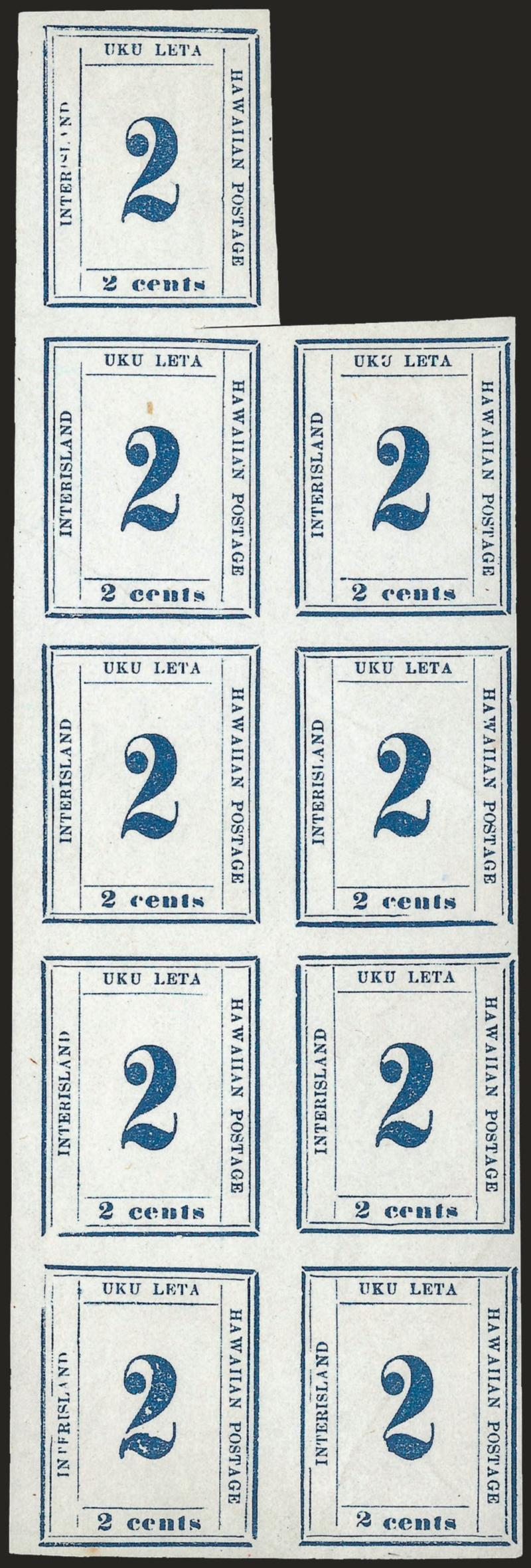 HAWAII, 1865, 2c Dark Blue (26).> Plate 10-A, Ty. I-IX (Positions 13-10), unused vertical block of nine (top right stamp removed), ample to large margins, horizontal crease between rows, small scissors cut
between stamps at top, Very Fine appearance