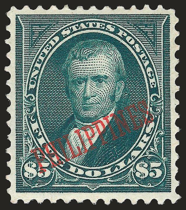 PHILIPPINES, 1901, $5.00 Dark Green (225).> Attractive margins and excellent centering, deep rich color, fresh, Very Fine and choice, only 782 issued, with 2010 P.F. certificate