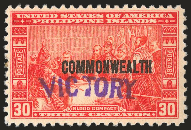 PHILIPPINES, 1944, 16c Dark Blue, 30c Orange Red, Victory Ovpt. (480, 482).> Typical tropicalized original gum, good colors, each with one or two toned or gum soaked perfs at left (not an uncommon problem with
these), otherwise Fine, 500 and 248 is