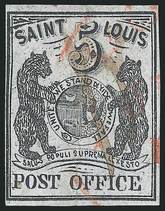 St. Louis Mo., 5c Black on Gray Lilac (11X4).> Type III, Position 5, three ample even margins, entitrely clear of frameline at left, light pen cancel, red St. Louis circular datestamp, faint vertical
crease<><>^FINE APPEARANCE. AN ATTRACTIVE EXAMPL