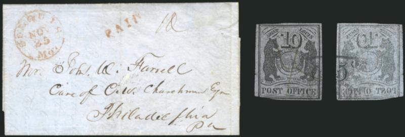 St. Louis Mo., 10c Black on Bluish Pelure, Printed on Both Sides (11X8a).> Type I, Position 2, ample margins to clear at top left and slightly in at bottom left corner, <impression of 5c Black, Re-engraved
Position 1, on back,> a part impression but