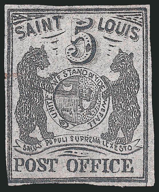 St. Louis Mo., 5c Black on Bluish Pelure (11X7).> Type III retouched, Position 5, ample margins to clear at bottom and just touching frameline at lower left corner, almost uncancelled with a very small single
line pen cancel at left, strong impressio