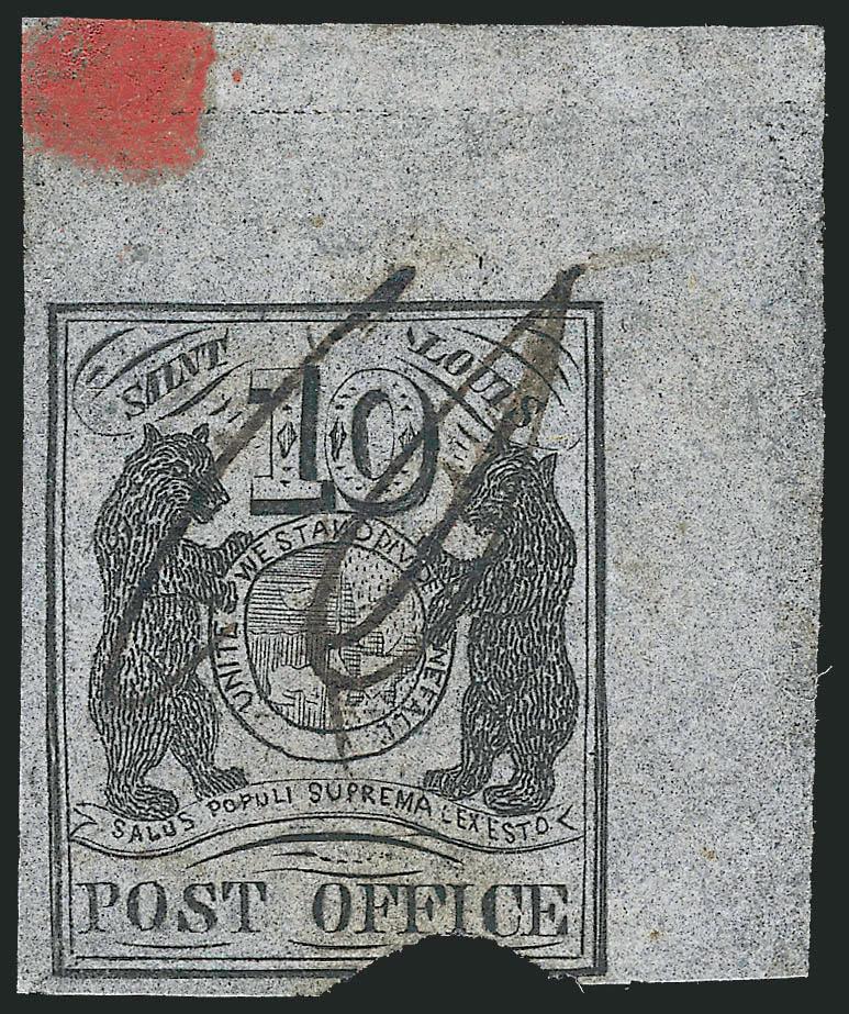St. Louis Mo., 10c Black on Bluish Pelure (11X8).> Type I, Position 2 with <enormous top right corner sheet margins showing edge of plate,> large left margin and originally a large margin at bottom except a
sizeable piece has been torn from the stamp