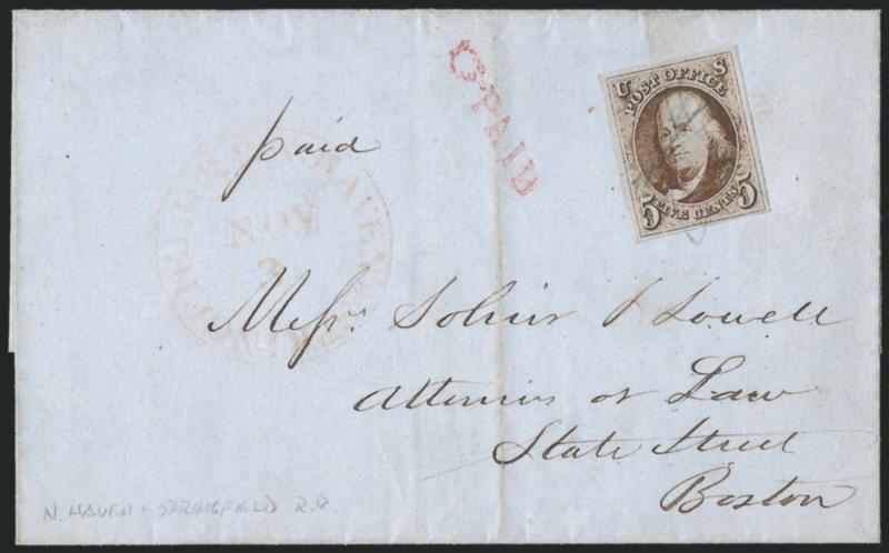 5c Red Brown (1).> Large margins to clear, cancelled by ms, <magenta N. Haven & Springfield R.R. Nov. 3> circular datestamp and also matching <Paid with pointing hand> handstamp on blue 1848 folded cover to
Boston, vertical file fold well away fr