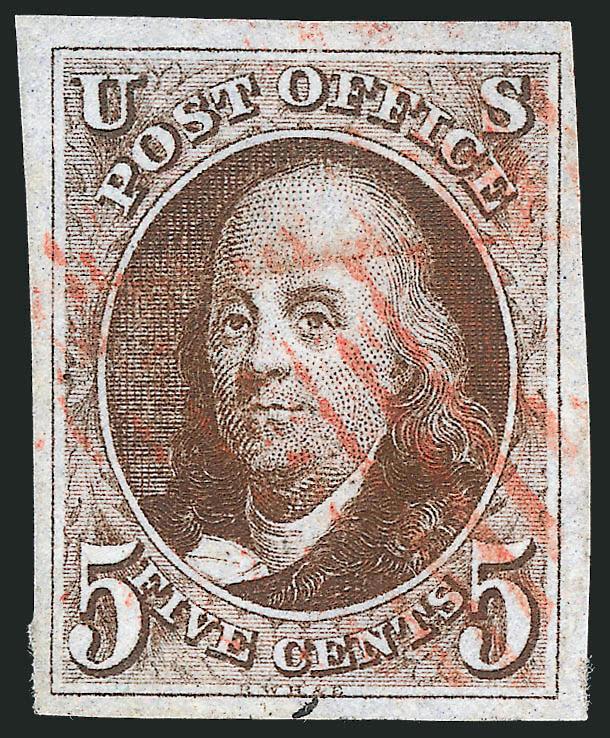 5c Red Brown (1).> Large to huge margins, deep rich color and early impression, unobtrusive strike of New York red square grid cancel, trace of manuscript at bottom, horizontal crease, otherwise Extremely
Fine