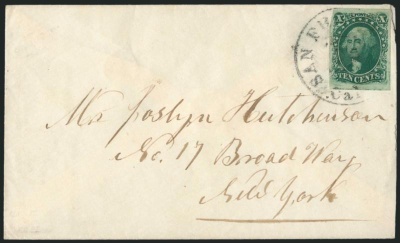 10c Green, Ty. III (15).> Large margins, rich color, tied by San Francisco Cal. ? 25 circular datestamp on cover to New York, barely reduced at right, Very Fine, a pretty cover, ex Klein