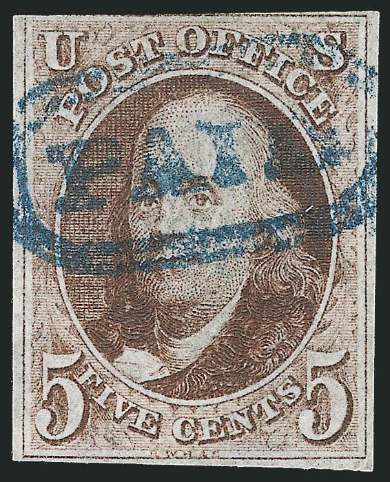 5c Dark Brown (1a).> Ample margins to just in at top left, deep rich color nicely complemented by <blue ^PAID^ in oval> cancel of Philadelphia, nearly Fine