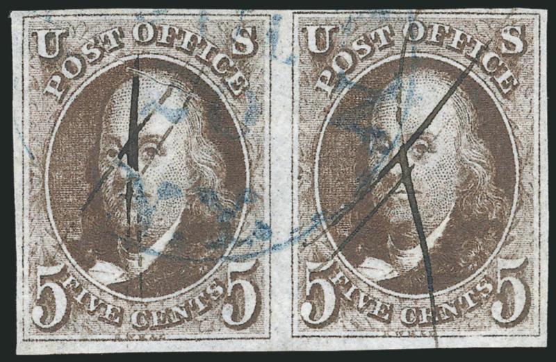 5c Dark Brown (1a).> Horizontal pair, <right stamp Dot in S,> large margins to full at top, intense shade and impression, each stamp with neat manuscript X cancel and also <blue circular datestamp> struck at
center, few light <pre-printing paperf