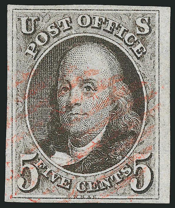 5c Deep Grayish Brown (1a var).> Large to huge margins, crisp shade and impression, light strike of red grid cancel, Extremely Fine, with 1985 note from Dr. Amonette confirming shade and with 1984 P.F.
certificate as Dark Brown