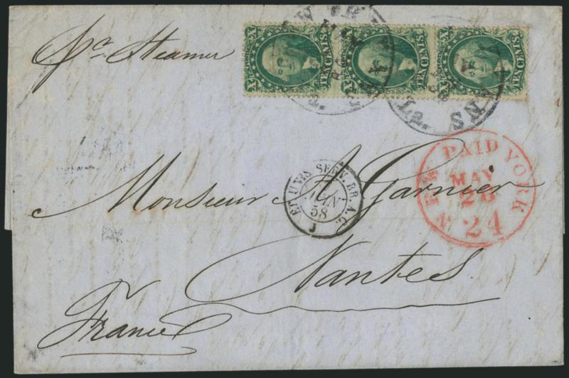 10c Green, Ty. IIIIII (323331).> Vertical strip of three, tied by New Orleans La. May 18, 1858 circular datestamps on blue folded letter <to Nantes, France,> red New York Paid 24 May 26 credit datestamp, carried
aboard the Cunarder <<Persia>>