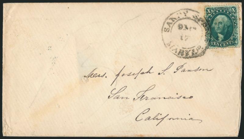 10c Green, Ty. II (32).> Rich color, few small flaws, tied by Sandy Spring Maryld. 9 M?. 17 double-circle datestamp on cover to San Francisco Cal., 1860 docketing on back, barely reduced at right, Very Fine
Quaker-dated cover