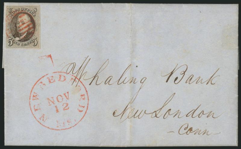 5c Grayish Brown (1a var).> Distinctive shade, large even margins, cancelled by red grid, matching New Bedford Ms. Nov. 12 circular datestamp on blue 1849 folded letter to the Whaling Bank of New London Conn.,
vertical file fold well away from stam