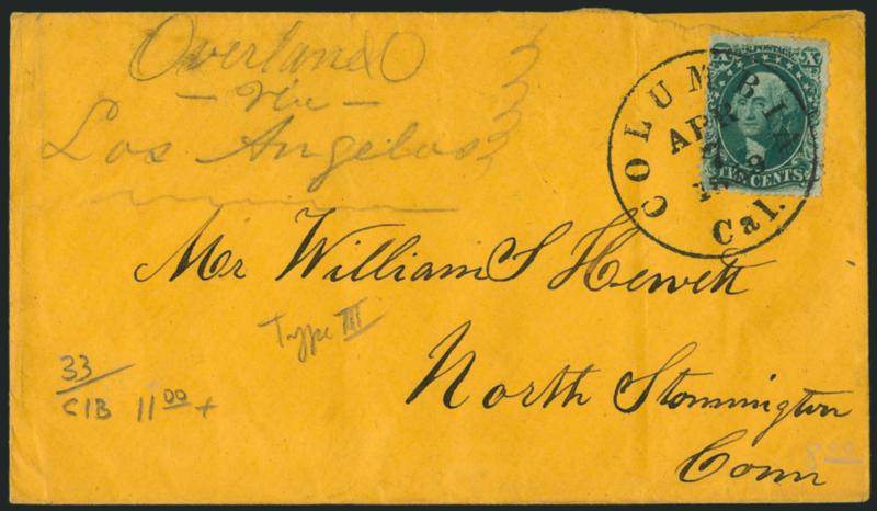 10c Green, Ty. III (33).> Deep rich color, tied by Columbia Cal. Apr. 7, 1859 circular datestamp on orange cover to North Stonington Conn., endorsed <<Overland via Los Angeles>> in pencil at top left, missing
part of top flap and small cover repa