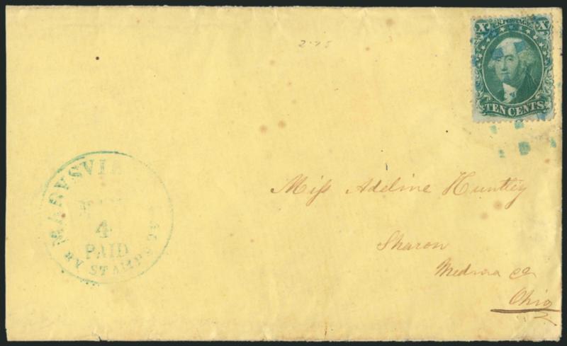10c Green, Ty. IV (34).> Position 76L1, recut at bottom, tied by <blue segmented cork,> matching <Marysville Cal. Paid by Stamps May 4> circular datestamp on light yellow cover to Sharon O., slightly reduced at
left, few light toned spots, Very Fin