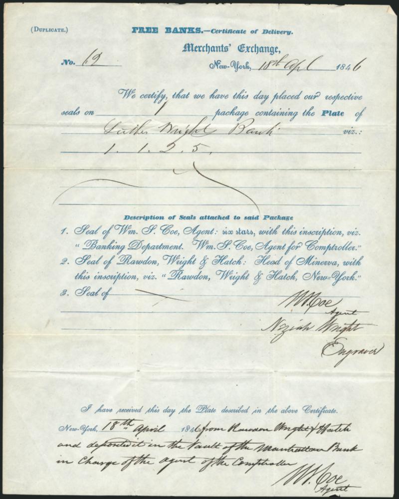 Rawdon, Wright and Hatch Correspondence.> Three folded letters used from New York in 1844 or 1846, each is a part-printed form, 1844 signed by Freeman Rawdon, 1846 forms signed separately by Wright and Hatch, Very
Fine, excellent collateral items for