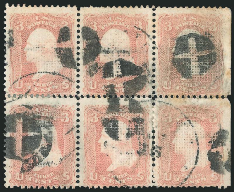 3c Rose, C. Grill (83).> Block of six, s.e. at right, bold strikes of cork cancel and also circular datestamps, few perf separations sensibly reinforced, some toning on back shows thru, top right stamp tiny
tears in margin<><>^FINE-VERY FINE APPEAR