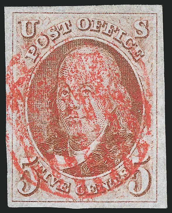 5c Red Brown (1).> Large margins to full at left, bright shade from a late impression, bold strike of red grid cancel, Very Fine and choice